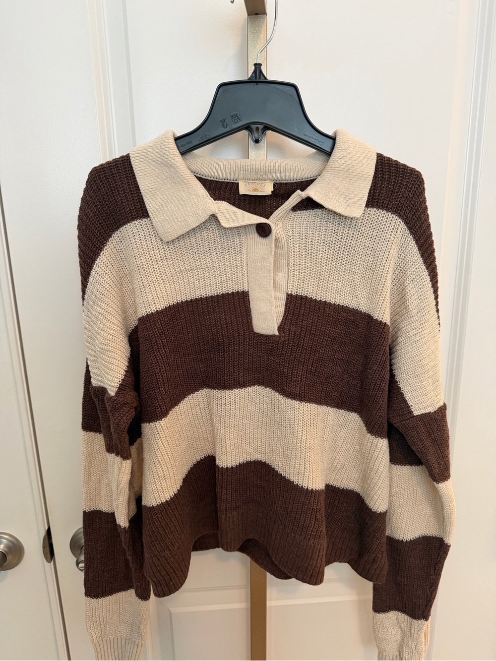Faherty Brown and Cream Striped Polo Cropped Sweater